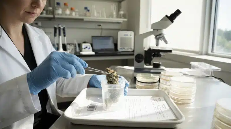 Especialista de laboratorio manipulando una muestra de cannabis para evaluar una posible contaminación por Aspergillus.