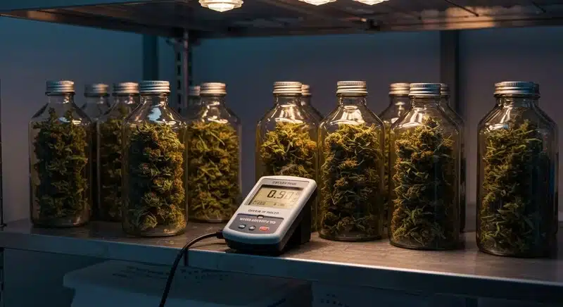 Flores de cannabis almacenadas en frascos con control de humedad para cultivos indoor resistentes al moho.