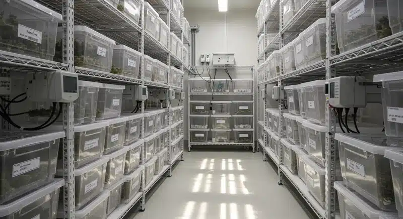 Sala de almacenamiento con recipientes de cannabis y equipos de control ambiental. Mantener una temperatura y humedad estables ayuda a evitar la contaminación por moho y a conservar la calidad de las flores.