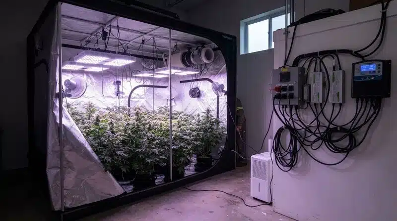 Cultivo interior equipado con iluminación LED, ventilación y sistemas de control climático para mantener condiciones estables durante todo el cultivo. 