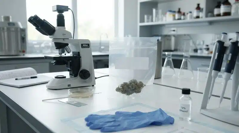 Laboratorio equipado para analizar muestras de flores de cannabis y detectar la presencia de Botrytis cinerea, el hongo responsable de la podredumbre del cogollo.
