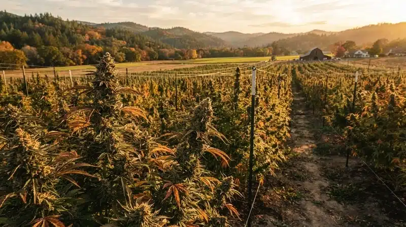 Cultivo exterior de cannabis para estudiar la ecología microbiana de las plantas de cannabis.