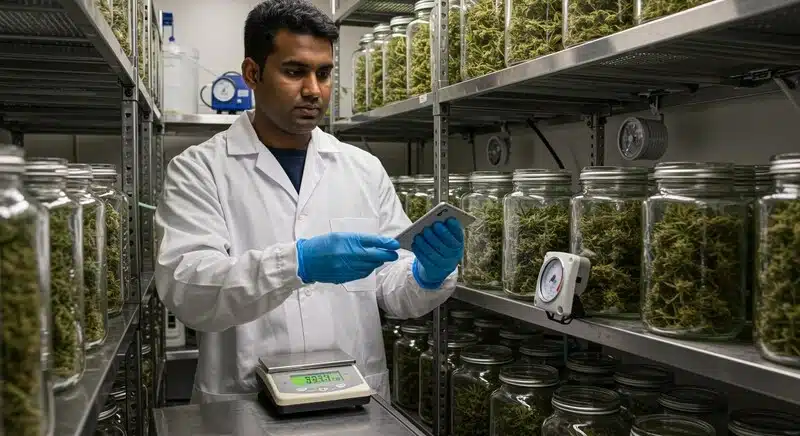 Manipulación de flores de cannabis con guantes en un entorno controlado antes de su envasado en frascos de vidrio. Aplicar soluciones de envasado antimicrobiano y mantener una correcta higiene favorece la conservación de la calidad y la seguridad del producto.