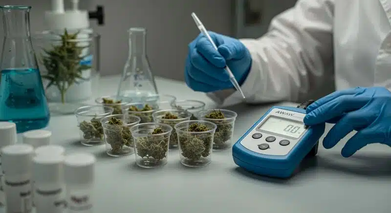 Análisis en flores de cannabis mediante un equipo de laboratorio para evaluar su estabilidad frente al crecimiento microbiano.
