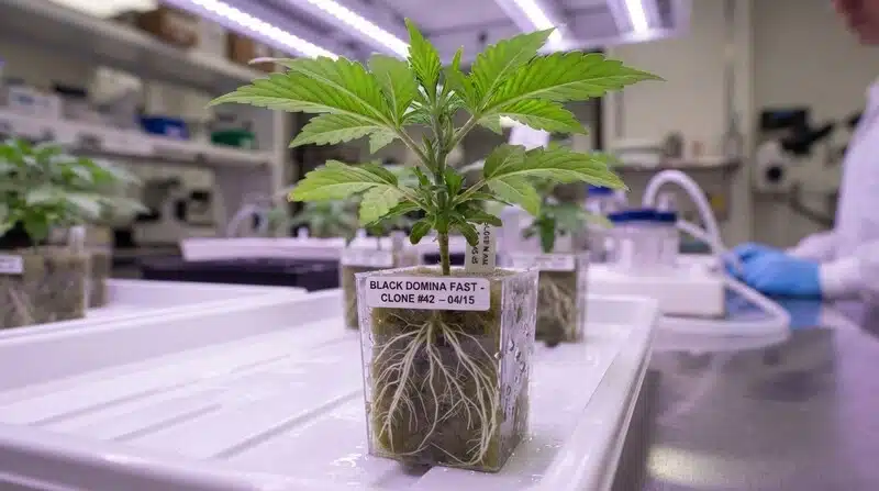 Black Domina Fast Version en clonador con raíces visibles y crecimiento temprano.