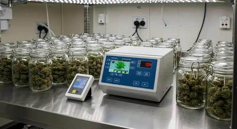 Evitar contaminación microbiana durante el manicurado con flores de cannabis en un entorno de procesamiento controlado.