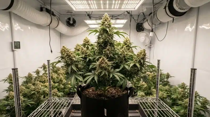 Planta de cannabis en floración bajo iluminación LED y efecto de la luz sobre la degradación del CBD.
