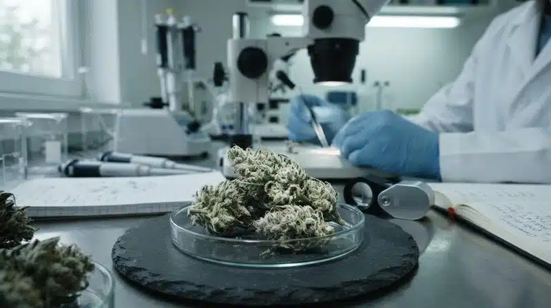 Análisis de flores de cannabis en laboratorio para estudiar si la luz degrada el CBD.