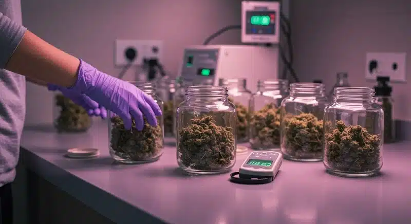 lores de cannabis almacenadas en frascos de vidrio durante el curado junto a un medidor de humedad.