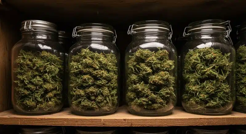 Almacenar cannabis para evitar contaminación por moho en frascos de vidrio herméticos.