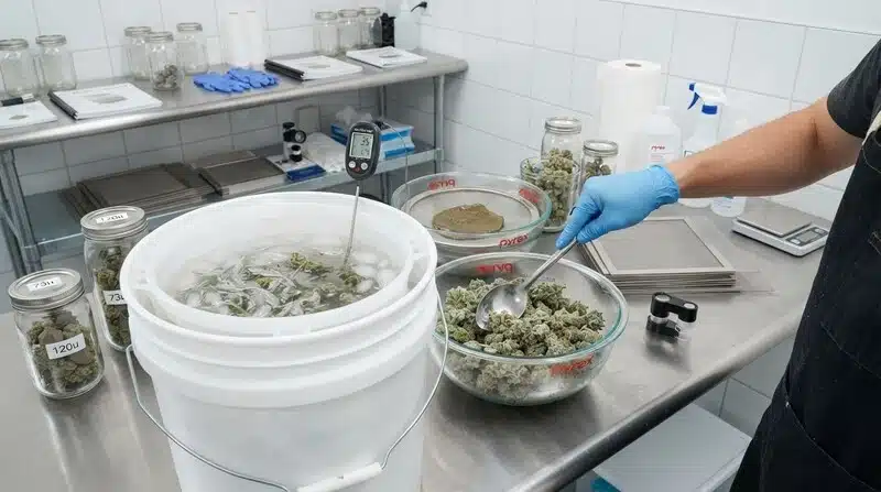 Preparación de Ice O Lator en un entorno de trabajo controlado, utilizando flores de cannabis, agua con hielo y material de filtrado para realizar una extracción mecánica de tricomas en frío.