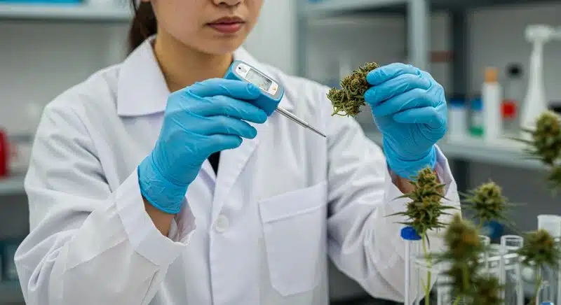 Especialista examinando una flor de cannabis con un medidor durante un análisis de laboratorio.
