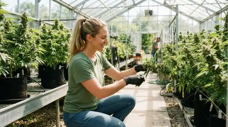 Trabajadora revisando plantas de cannabis en un invernadero durante las tareas de manejo del cultivo.