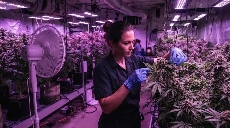 Cultivadora revisando cogollos y hojas de plantas de cannabis en un cultivo interior para detectar signos de oídio.