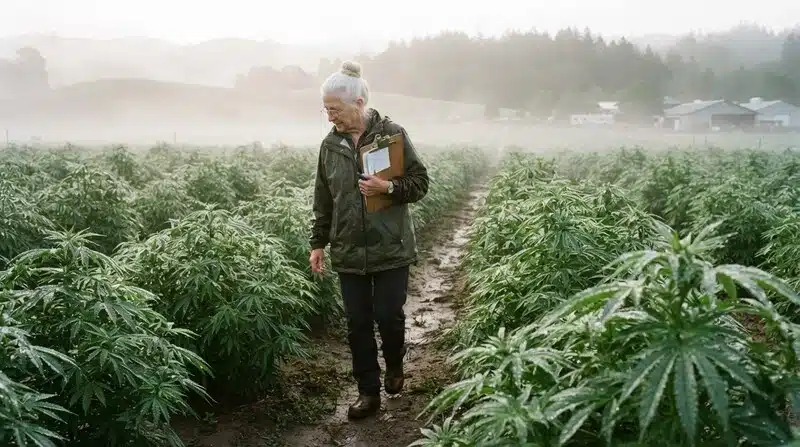 Cultivadora revisando un cultivo exterior de variedades productivas y resistentes al moho en un entorno con alta humedad ambiental.