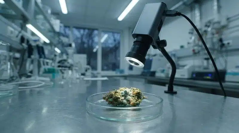 Contaminación por Aspergillus en cannabis detectada en una flor mediante inspección en laboratorio.
