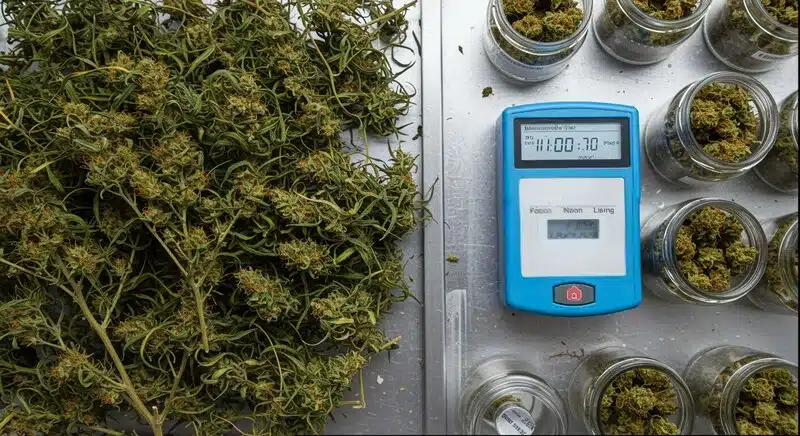 Flores de cannabis durante el proceso de secado junto a un medidor de humedad para verificar las condiciones de conservación.