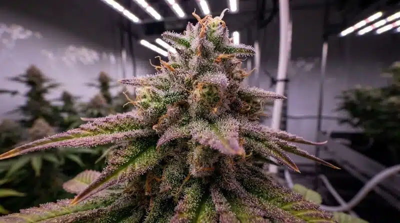 Cogollo de cannabis cultivado en interior para investigar los microbios endófitos en el cultivo de cannabis.