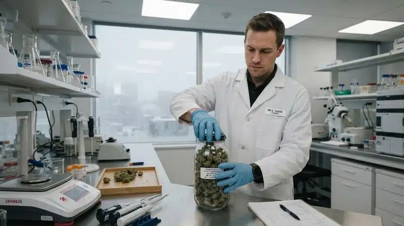Cogollos de Blood Diamond OG siendo manipulados en un laboratorio, con un técnico almacenando la muestra en un frasco de vidrio