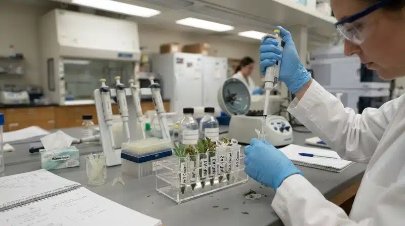 Investigadora procesando muestras de cannabis para estudiar los cambios metabolómicos causados por infecciones microbianas.