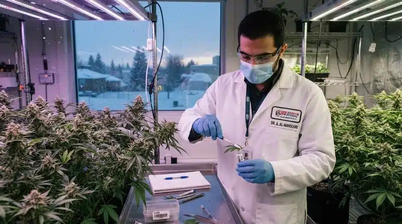 Especialista recogiendo muestras de una planta de cannabis en un cultivo interior para evaluar una posible contaminación bacteriana.