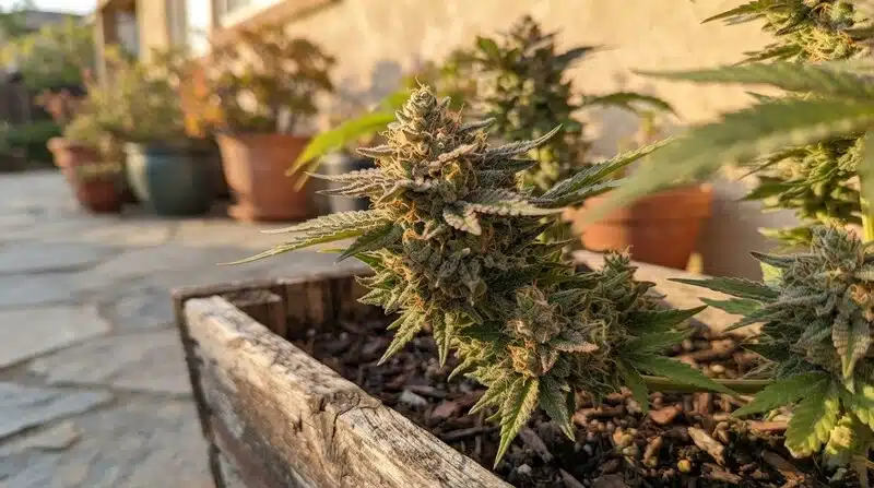 Banana Kush Regular en floración con cogollos densos y resinosos.