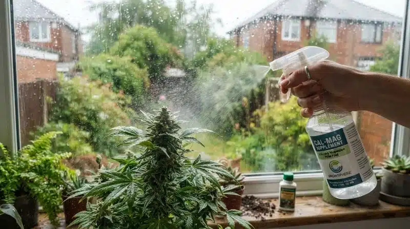 Black Jack recibiendo pulverización foliar en cultivo doméstico junto a una ventana.
