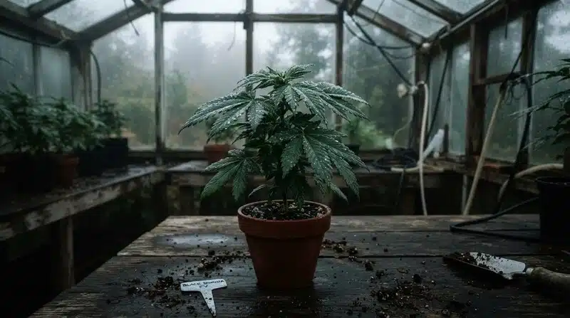 Planta de Blackberry Pie cultivada en maceta dentro de un invernadero húmedo, con hojas anchas y sanas cubiertas de gotas de agua.