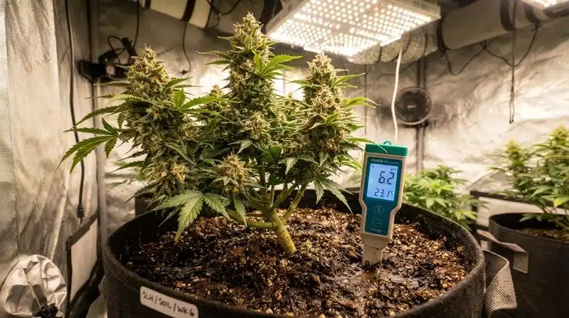 Planta de cannabis en cultivo interior durante la floración con un medidor de pH en el sustrato.