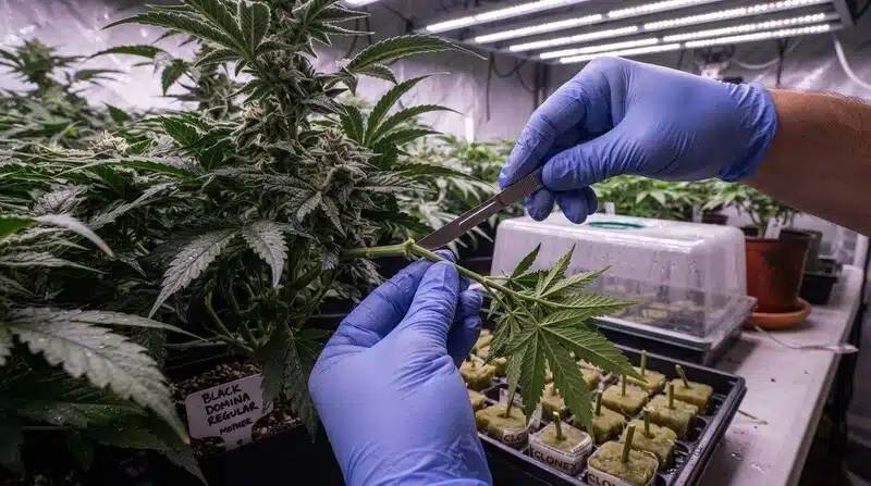 Planta madre de Black Domina Regular en floración mientras se corta una rama para propagación, con bandeja de esquejes al fondo y herramientas de trabajo.