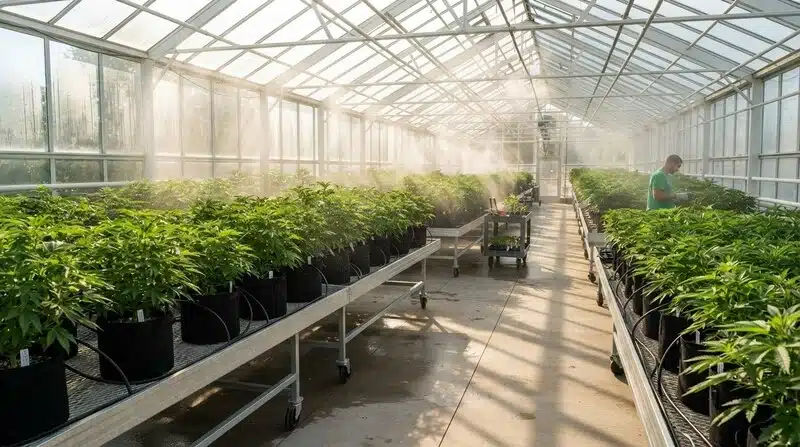 Plantas de cannabis en invernadero y control de contaminación por levaduras durante el curado.
