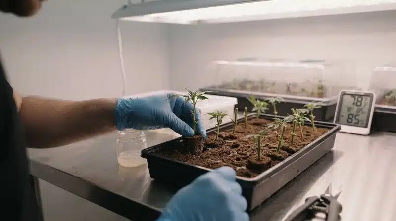 Blueberry x Cream Cheese Auto en bandeja de propagación con plantas jóvenes.