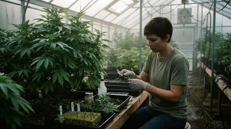 Planta de Blueberry x Cream Cheese Auto en un invernadero mientras se seleccionan y preparan brotes para propagación, con bandejas de enraizamiento y herramientas de trabajo utilizadas durante el manejo de plantas jóvenes.