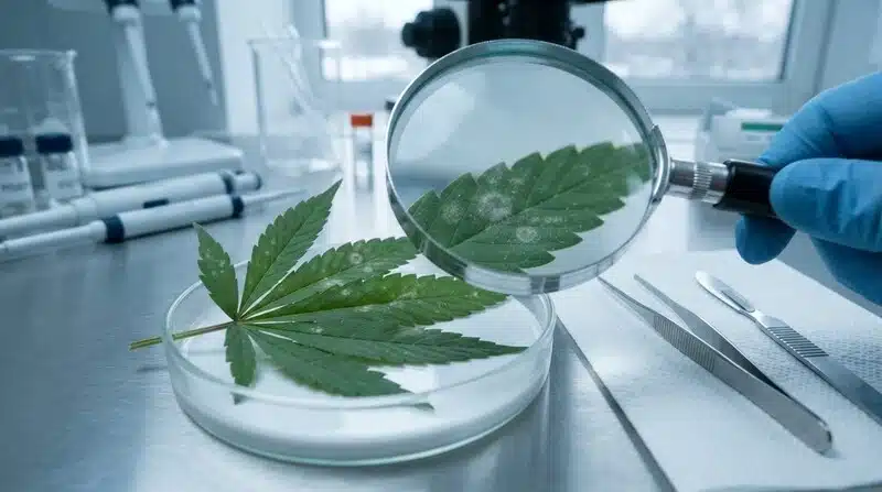 Oídio en cannabis: prevención y control mediante la detección temprana en hojas infectadas.