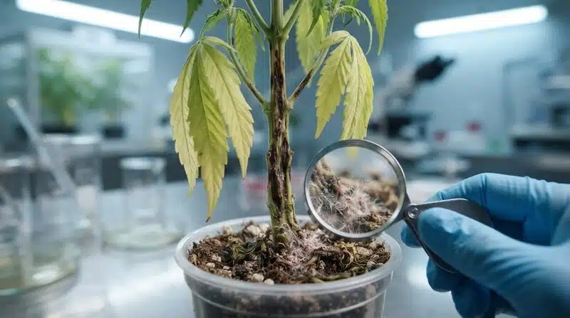 Planta de cannabis con amarilleamiento foliar y lesiones en la base del tallo, signos característicos de la fusariosis.