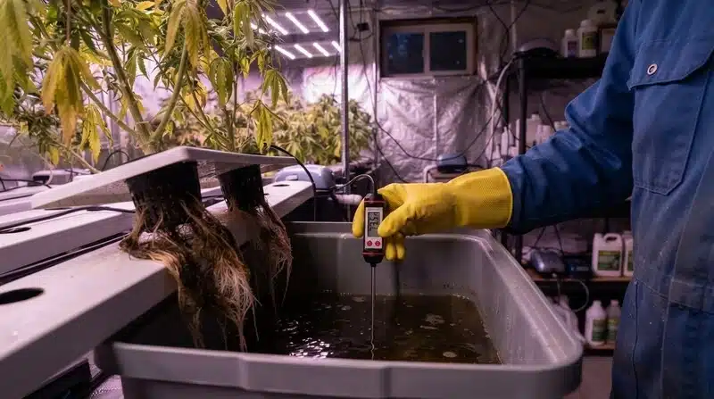 Cultivador midiendo los parámetros de la solución nutritiva en un sistema hidropónico con plantas de cannabis afectadas por pudrición radicular por Pythium.