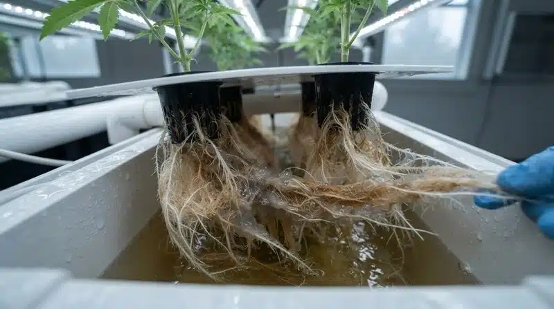 Pudrición radicular por Pythium en hidroponía con raíces afectadas en un sistema de cultivo.