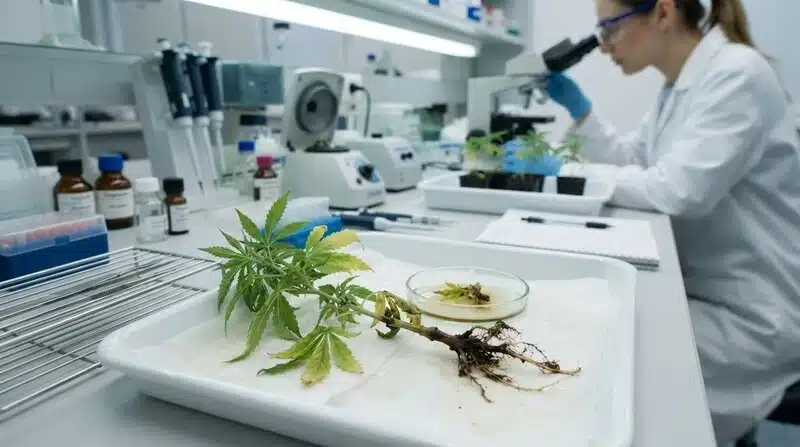 Fusariosis en plantas de cannabis identificada mediante análisis de raíces y tejidos en laboratorio.