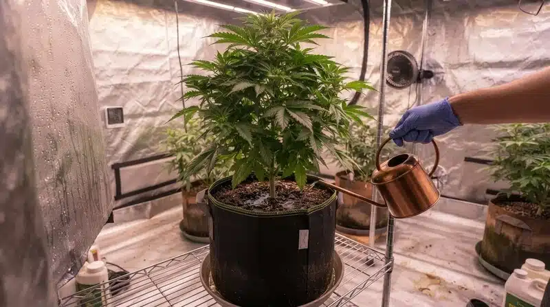 Planta de cannabis en fase vegetativa dentro de un armario de cultivo interior mientras recibe riego controlado.