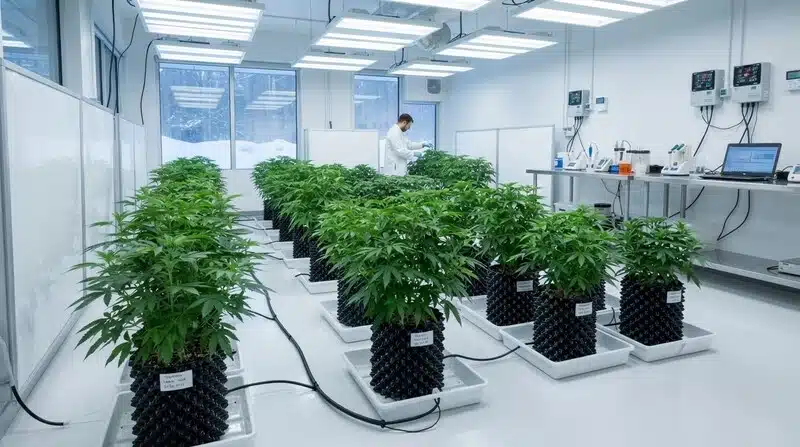 Cultivo interior de cannabis en sala controlada y prevención de contaminación por levaduras durante el curado