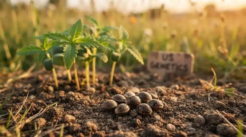 Semillas americanas de cannabis junto a plántulas en cultivo exterior.