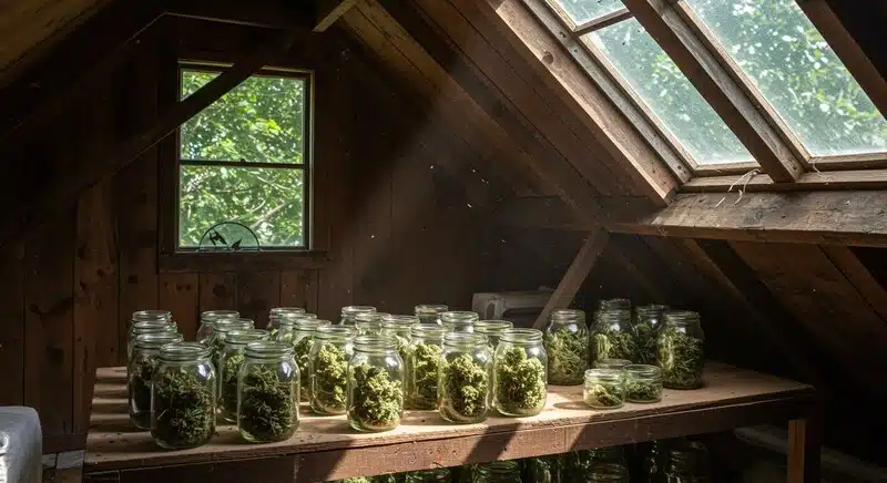 Flores de cannabis curándose en frascos de vidrio en un espacio con ventilación y luz controladas.