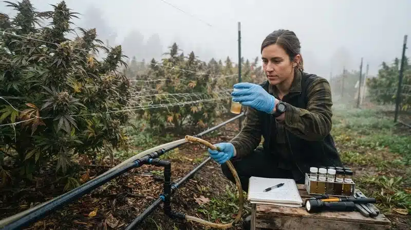 Técnica inspeccionando el agua de riego y recogiendo muestras en una plantación de cannabis para detectar biofilms microbianos.