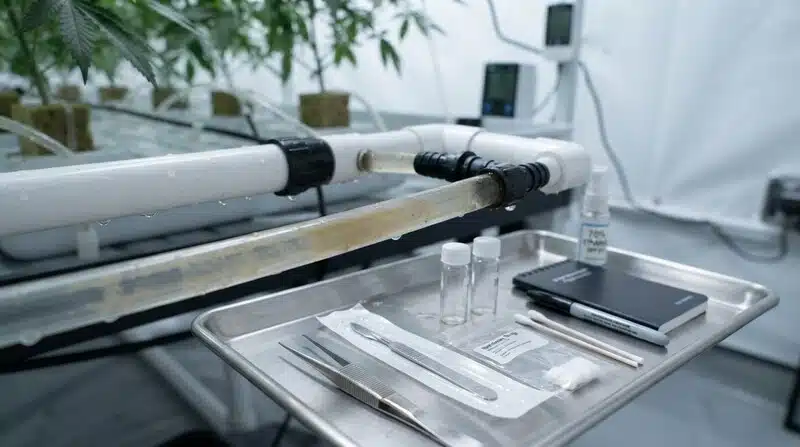 Biofilms microbianos en sistemas de riego de un cultivo de cannabis con tuberías de hidroponía.