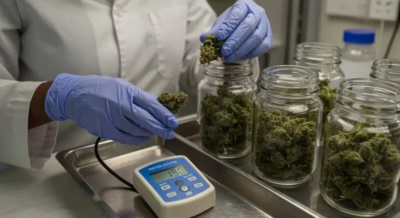 Soluciones de envasado antimicrobiano para cannabis con control de calidad y almacenamiento en frascos.