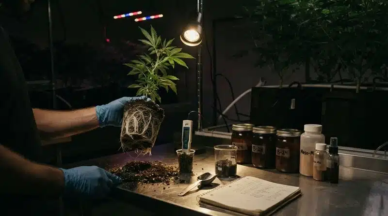 Cultivador realizando el trasplante de una planta de cannabis mientras inspecciona el sistema radicular.