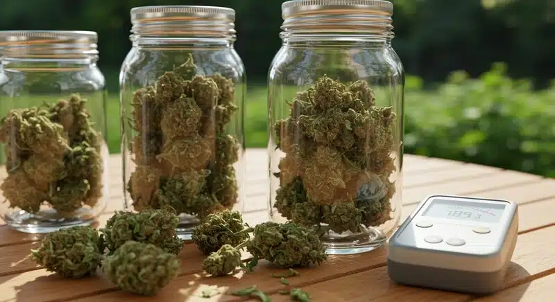 lores de cannabis almacenadas en recipientes herméticos junto a un medidor de humedad para verificar las condiciones de conservación.