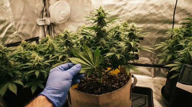 Planta de cannabis Green Crack x Core cultivada en maceta y sometida a entrenamiento mediante atado de ramas para modificar su orientación y mantener una estructura más abierta durante el desarrollo.