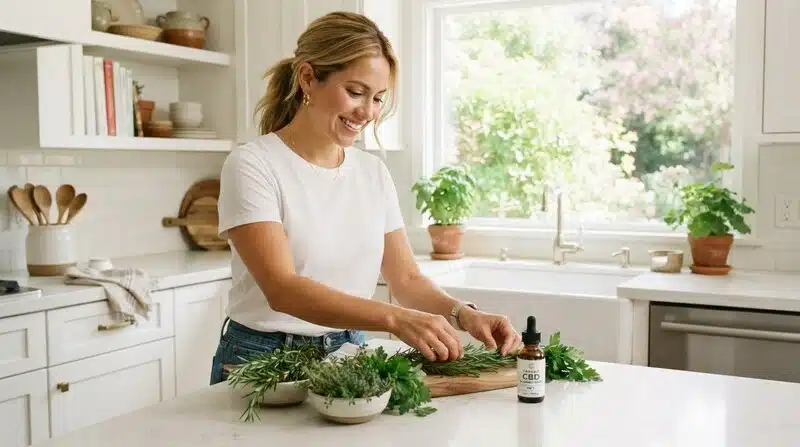 Cannabis bienestar holístico con aceite de CBD y plantas aromáticas.