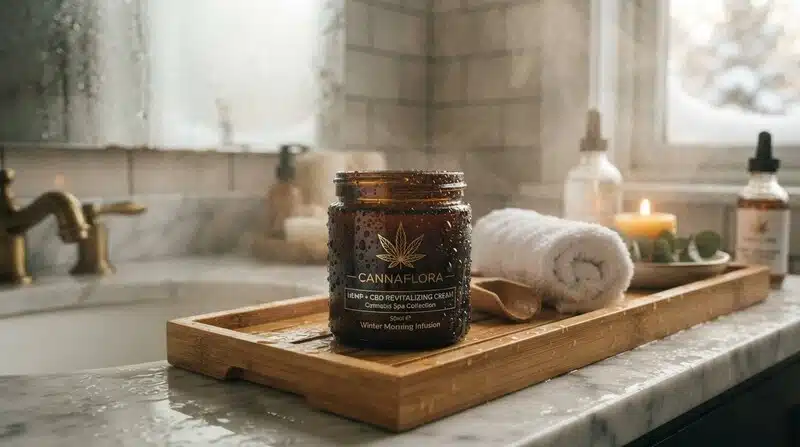 Envase de crema revitalizante de cáñamo y CBD colocado sobre una bandeja de madera en un entorno de baño tipo spa.